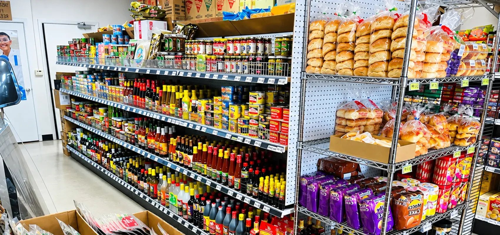 Grocery store aisle with shelves of packaged foods, sauces, and fresh bread