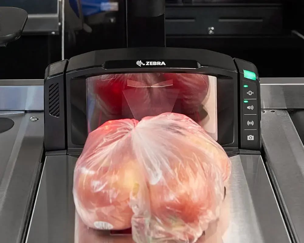 Produce in a bag on a checkout scale and scanner