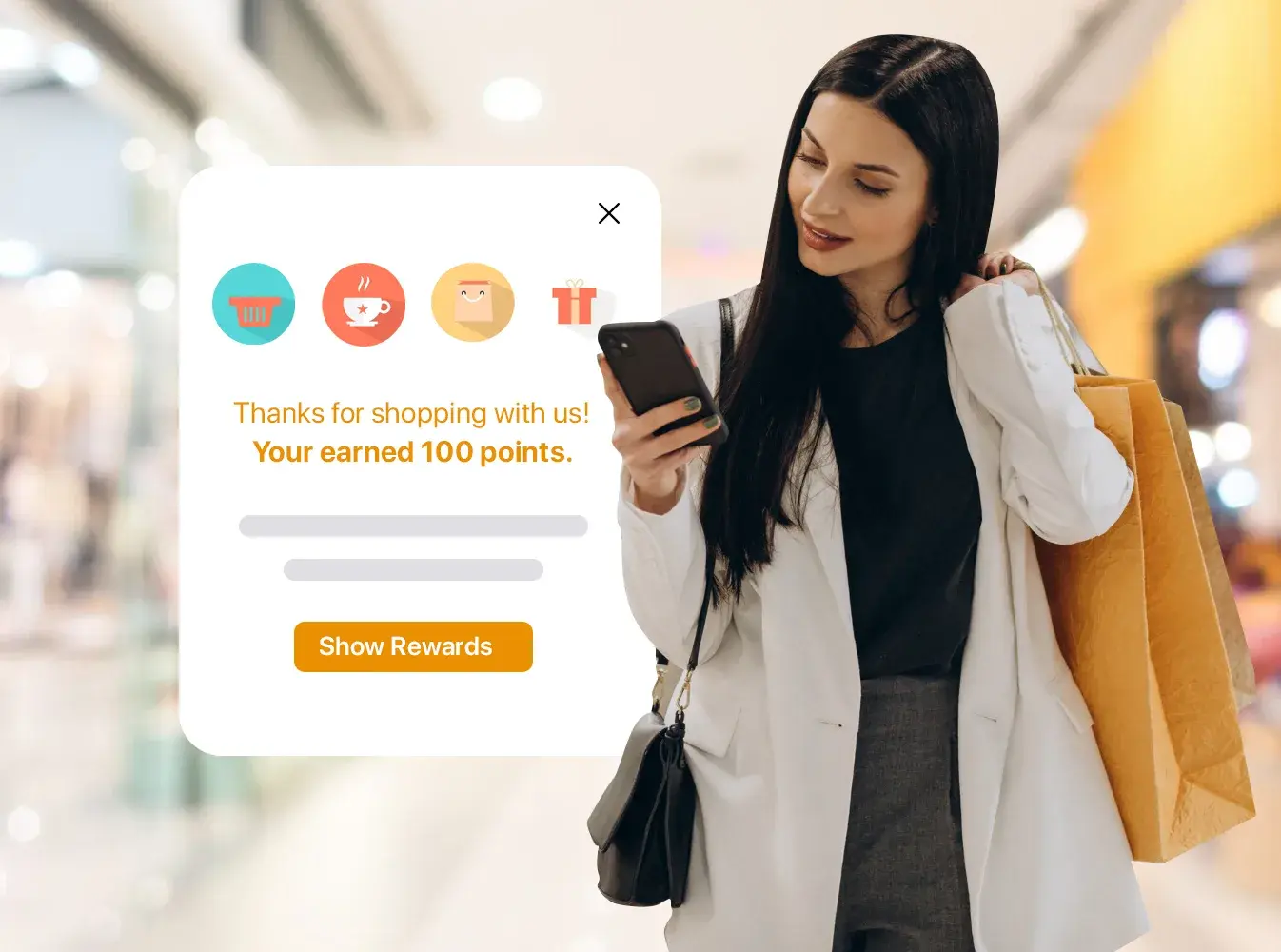 Loyalty program on a phone beside a checkout