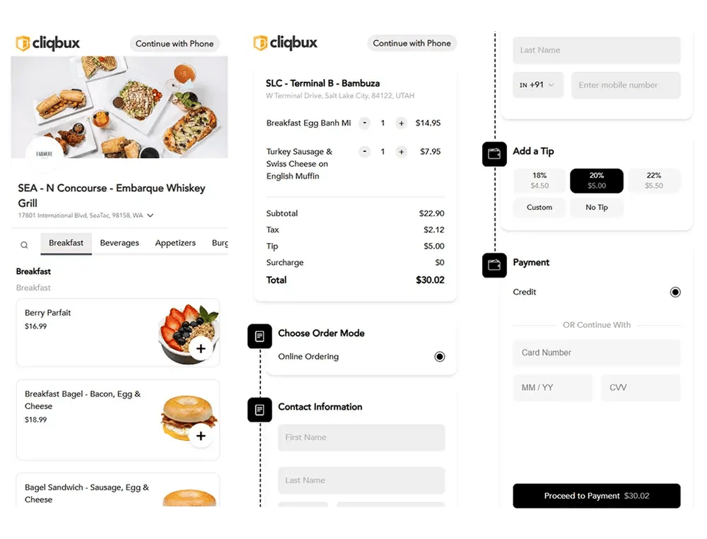Cliqbux mobile ordering on a phone: menu, order summary, tip and payment screens