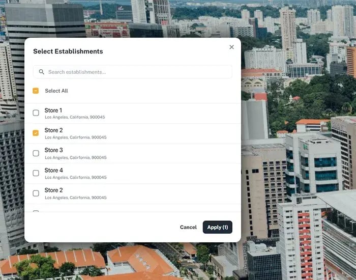 Cliqbux multi-site management screen for selecting establishments across store locations