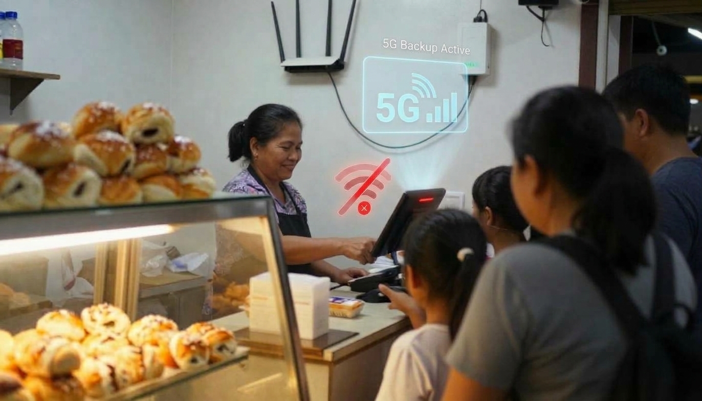 A bakery counter scene where a floating, glowing red "Wi-Fi disconnected" icon is shown directly above the point-of-sale register, while a larger blue "5G Backup Active" holographic icon floats higher up and to the right, showing that the business's internet connection is still running.