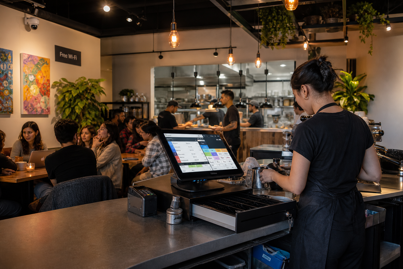 The image depicts a bustling café interior during a busy evening service. Patrons are seated at wooden tables, some engaged in lively conversations while others focus on their laptops. Behind the counter, a barista in a black apron prepares drinks, the espresso machine steaming in the background. To the side, a POS register glows with activity, connected via a sturdy cable to the router, which sits unobtrusively on a shelf. Nearby, a small security camera is mounted in the corner, monitoring the room. The café's walls are adorned with vibrant artwork and shelves holding various pastries. An open door leads to a kitchen area, where staff can be seen bustling about. The atmosphere is warm and inviting, with soft lighting and the aroma of fresh coffee filling the air. In the corner, a group of guests is accessing the café's guest Wi-Fi, seemingly unaware of the intricate network supporting their experience.