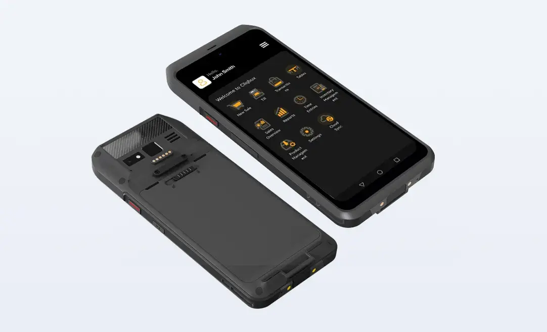 Cliqbux mobile POS handheld device, front and back