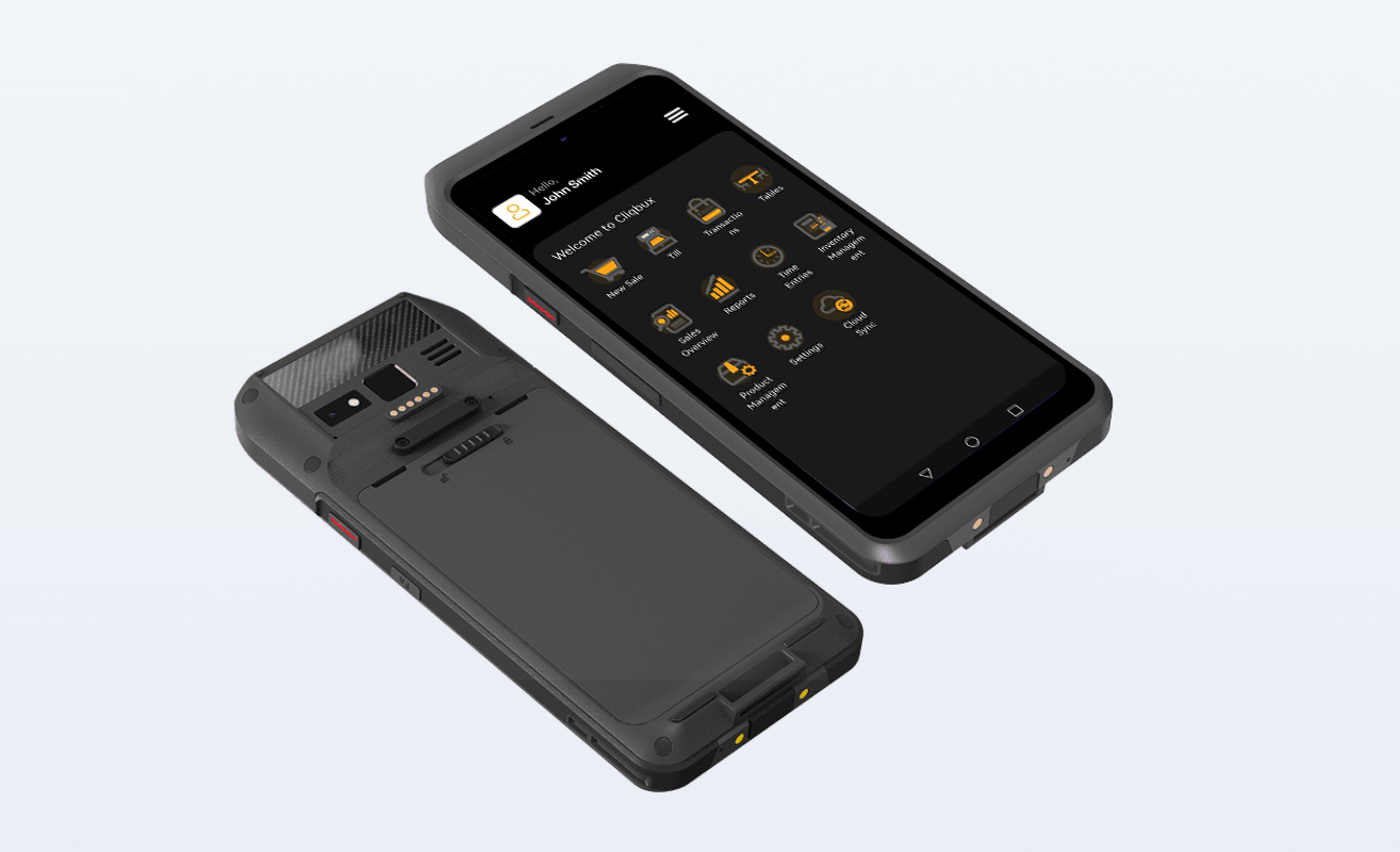 Cliqbux mobile POS handheld device shown from front and back