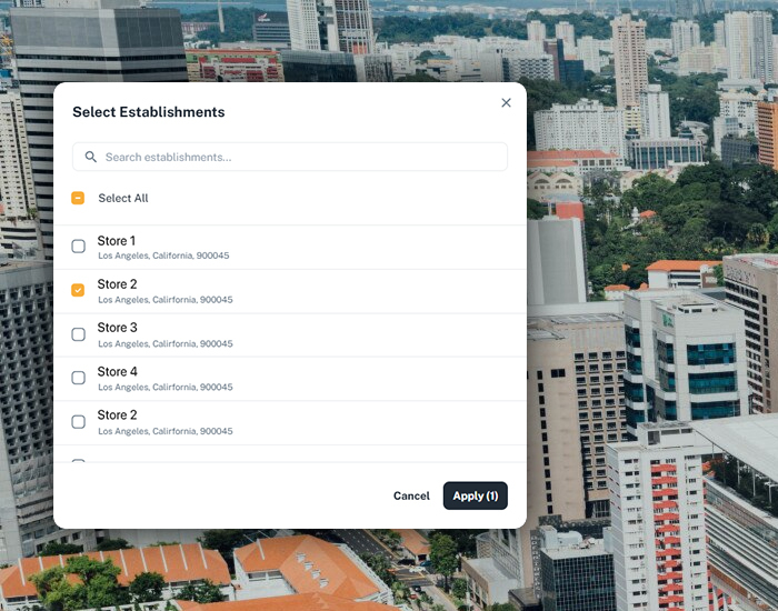 Cliqbux multi-site management screen for selecting establishments across store locations