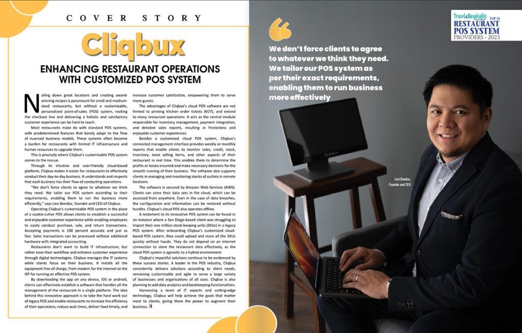 Cliqbux cover story feature in Travel & Hospitality magazine, naming Cliqbux a Top 10 Restaurant POS System Provider for 2023